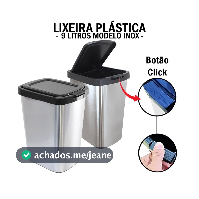 Lixeira Cesto Inox 9L Cozinha Banheiro | Plástica Retangular Com Tampa Click Abre Fecha resistente