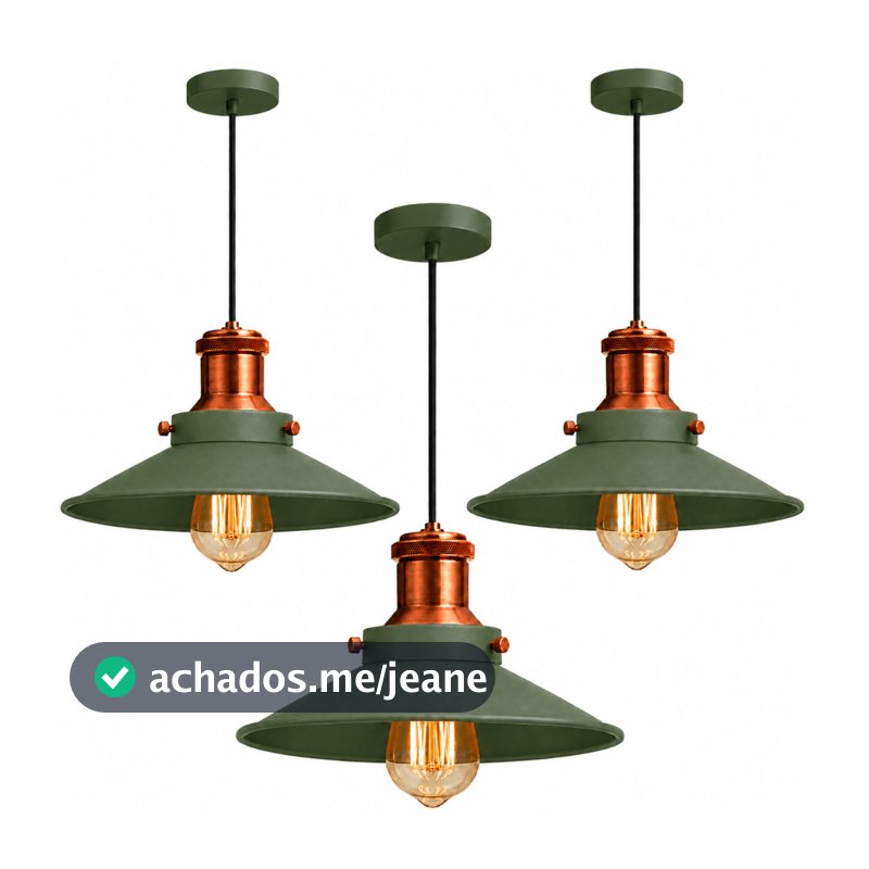 Pendente Lustre Kit 3 Nordic 22cm Verde com Cobre  Retrô Industrial Loft