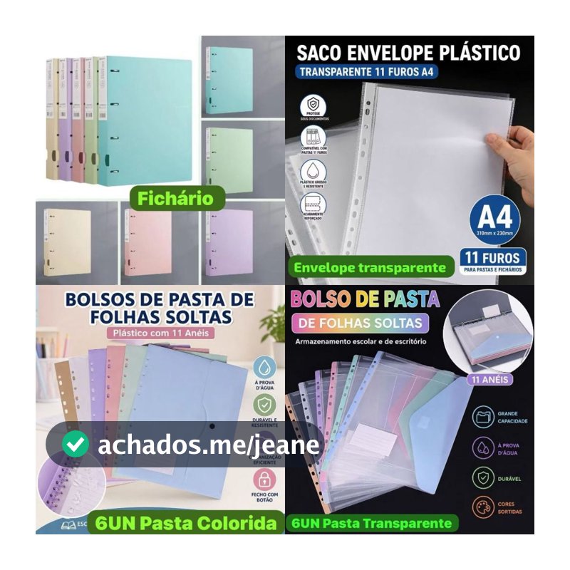 Kit Pasta Fichário A4 + Envelopes Plásticos 11 Furos Organizador de Documentos