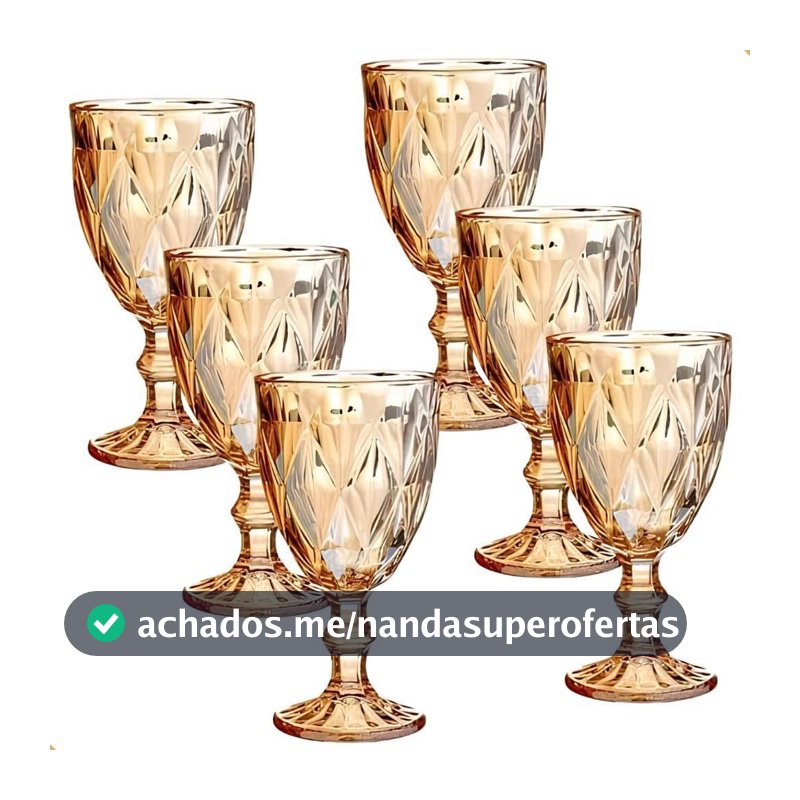 Jogo de 2/4/6/12 Taças de Vidro Diamond Transparente Ambar Furta Cor Verde Azul Borda Dourada 330ml