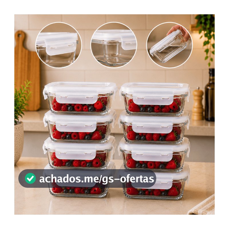 Kit Conjunto 8 Potes 370ml Vidro Hermético Borossilicato Jogo Marmitinha Forno Microondas Freezer
