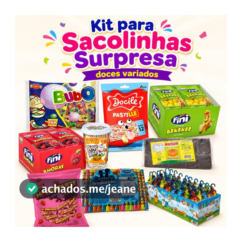 Kit de Doces Completo para 50 Sacolinhas Festa Infantil Aniversário Escolar e Eventos
