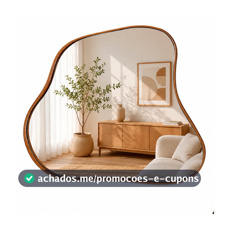 Espelho Slim Assimétrico 40x45 Orgânico Moldura de Madeira Cinamomo Para Sala Escritório Banheiro