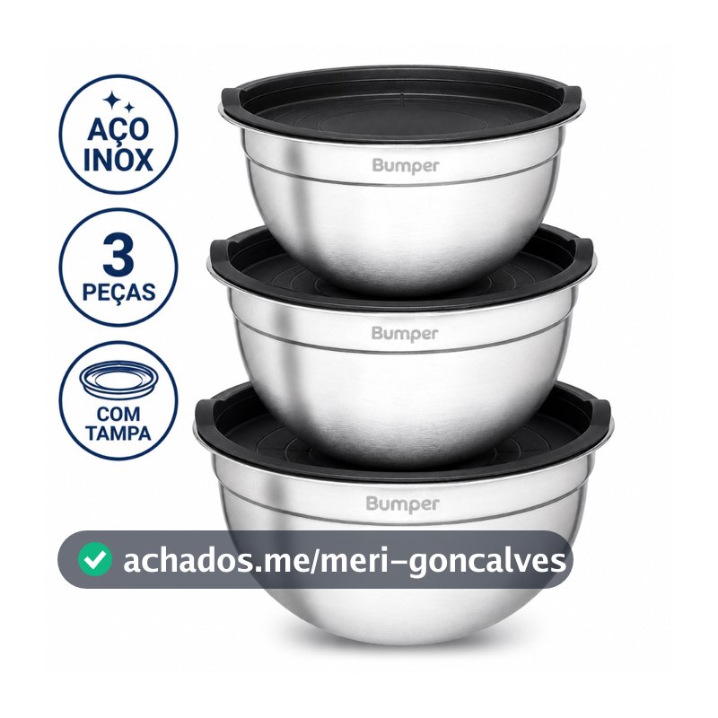 Kit 3 Bowls Inox com Tampa Bumper 1,4L 2L 2,6L Empilháveis Pote Tigela Multiuso