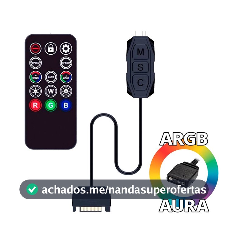 Controladora ARGB com Controle Remoto RGB 3 Pinos 5V Led Mini para PC Fan Tira Fita Clanm Gamer