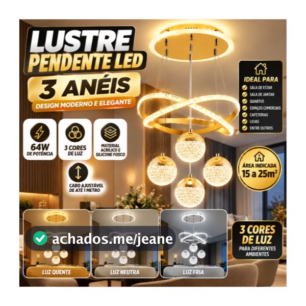 Lustre Pendente Moderno 3 Cores de Luz Bivolt 110V-220V – Luminária para Sala de Jantar, Cozinha e Quarto