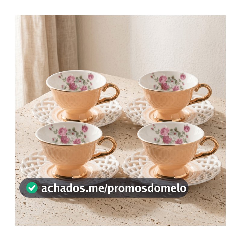 Jogo 4 Xicaras Pires Cafe em Porcelana Fina New Bone Rosas Floral Pires Vazado Filete Ouro Luxo 90ml