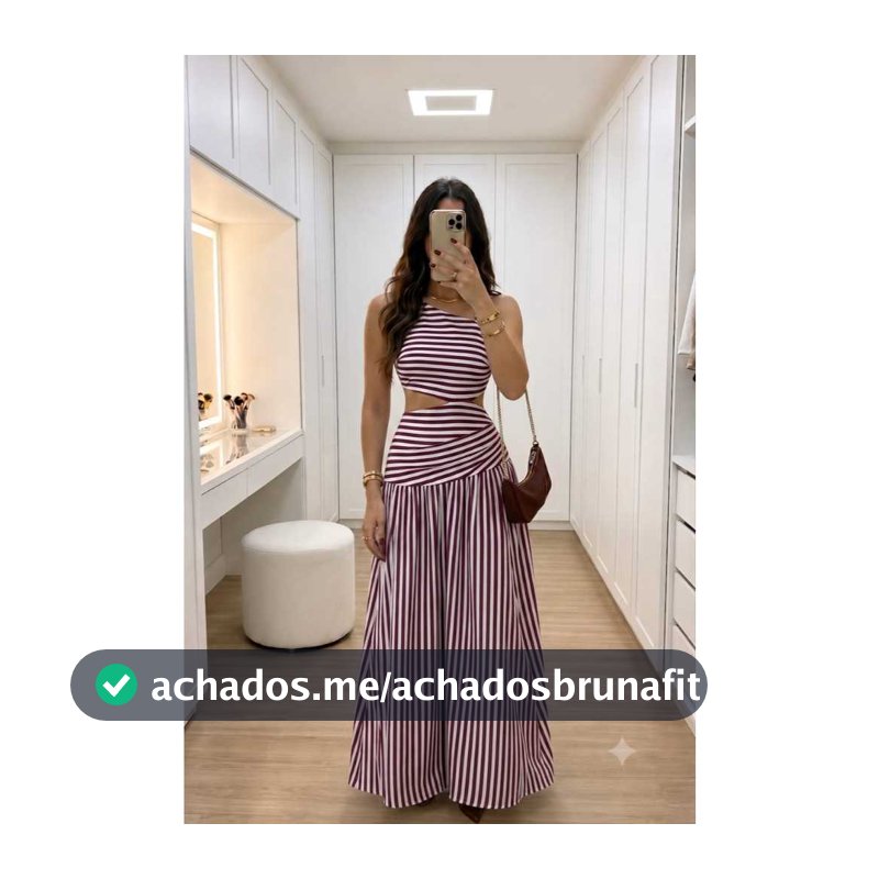 Vestido Longo Feminino Listrado Assimetrico com Costas Abertas Amarração e Recorte na Cintura