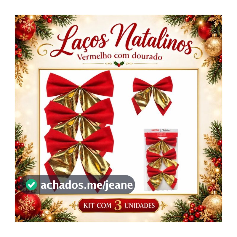 KIT 3 LAÇOS NATALINOS VERMELHO COM DOURADO - VELUDO - B3--0017