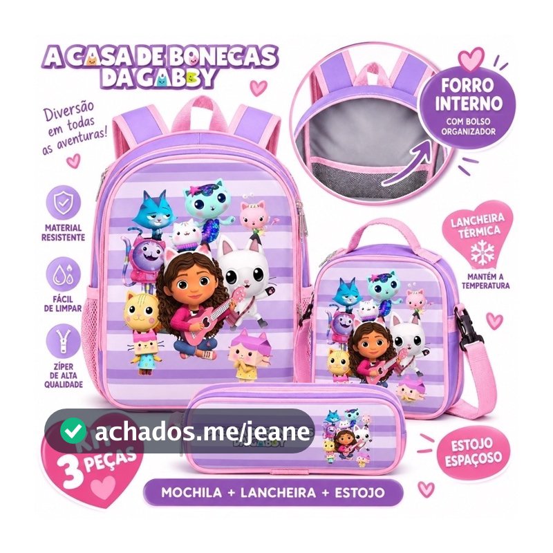 Kit escolar Casa Mágica da Gaby mochila forro interno Lancheira Térmica mais estojo