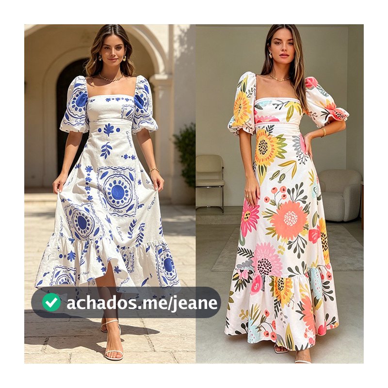 Vestido Longo Floral Feminino Manga Bufante Gola Reta Confortável e Elegante