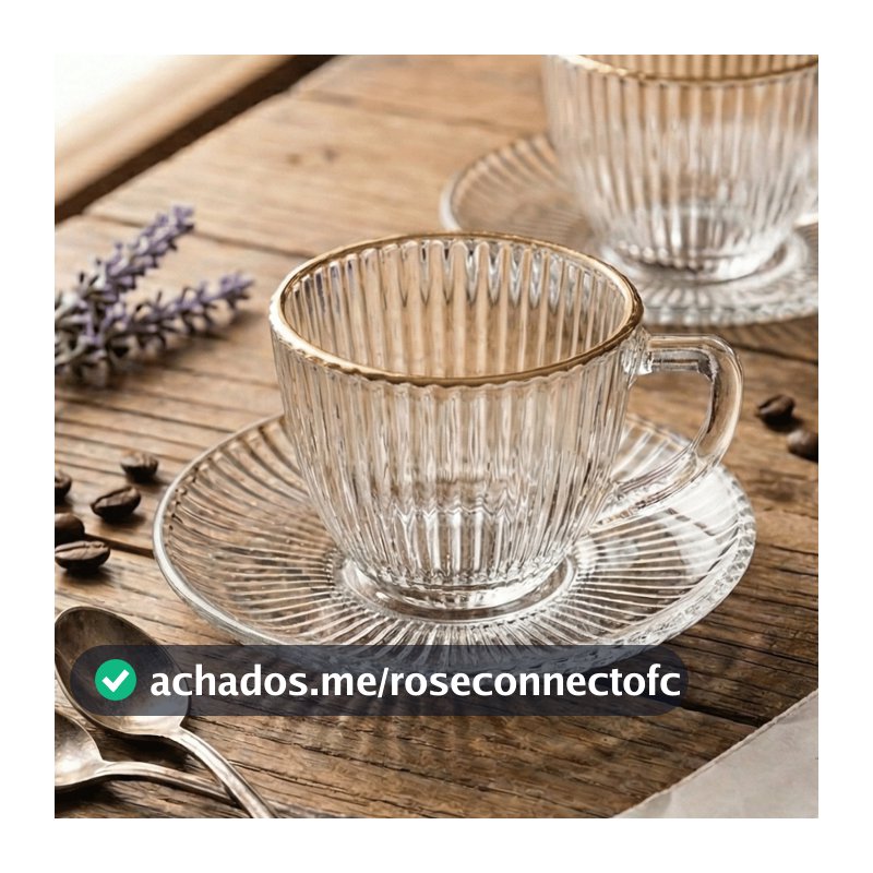 Jogo de 6 Xicaras Café Graffiato Canelado Borda Dourada Hauskraft Vidro 90ml