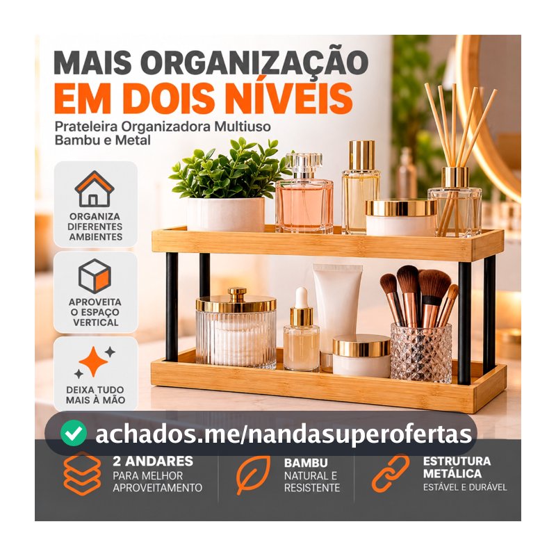 Prateleira Organizadora Multiuso de Bambu com Estrutura Metálica 2 Andares.