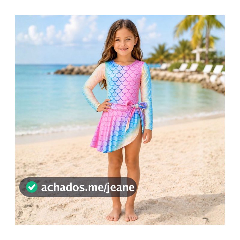 Maiô Infantil Menina Manga Longa com Saia Pareô UV50+ Sereia Praia Piscina 2 ao 10