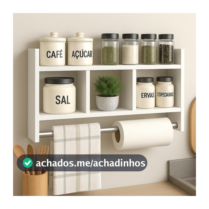 Nicho Porta Papel Toalha e Condimentos Potes Cozinha Banheiro 100% MDF BRANCO TX 15mm Tubo Metal Montado