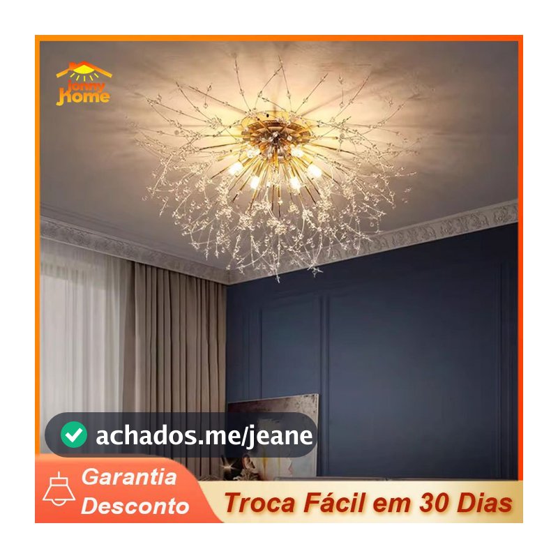 Lustre Pendente Cristal Dente De Leão Luxo Dourado 50cm +6 G9 lâmpada Luminária de Teto de sala e jantar quarto de estar
