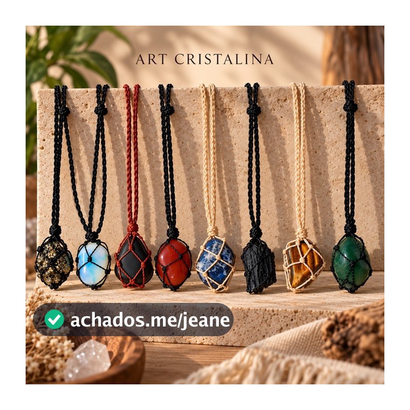 Colar Pedras Naturais Hippie Macramê Artesanal Quartzo Rosa Ametista Olho de tigre Cristais Naturais