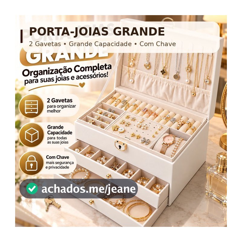 Porta-Joias Organizador Grande com 3 Gavetas e Chave em Couro PU para Colares Brincos e Acessórios