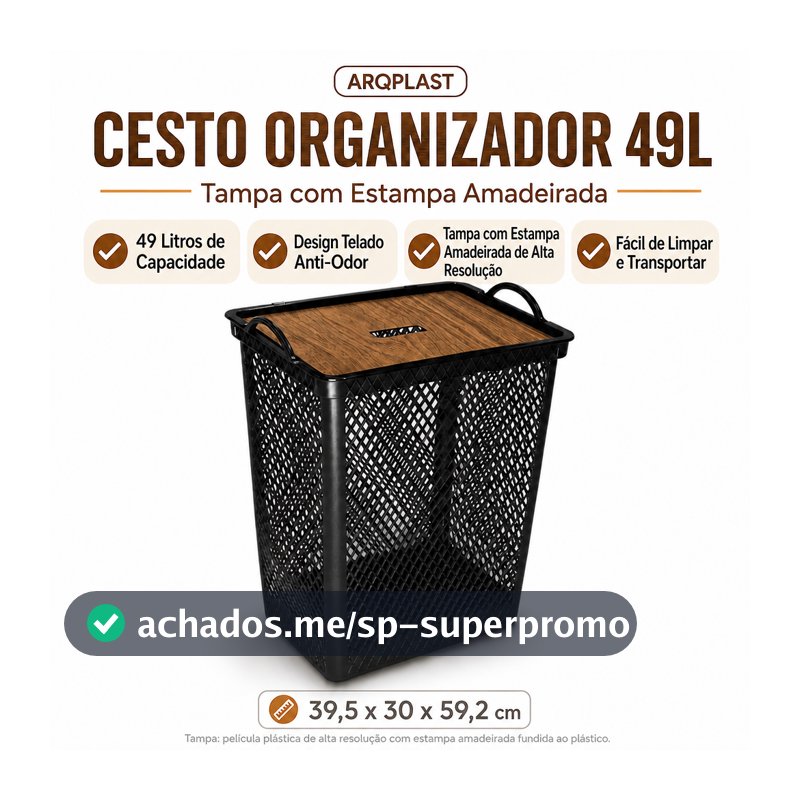 Cesto Organizador Telado com Tampa 49L Arqplast para Roupas Lavanderia Banheiro Closet