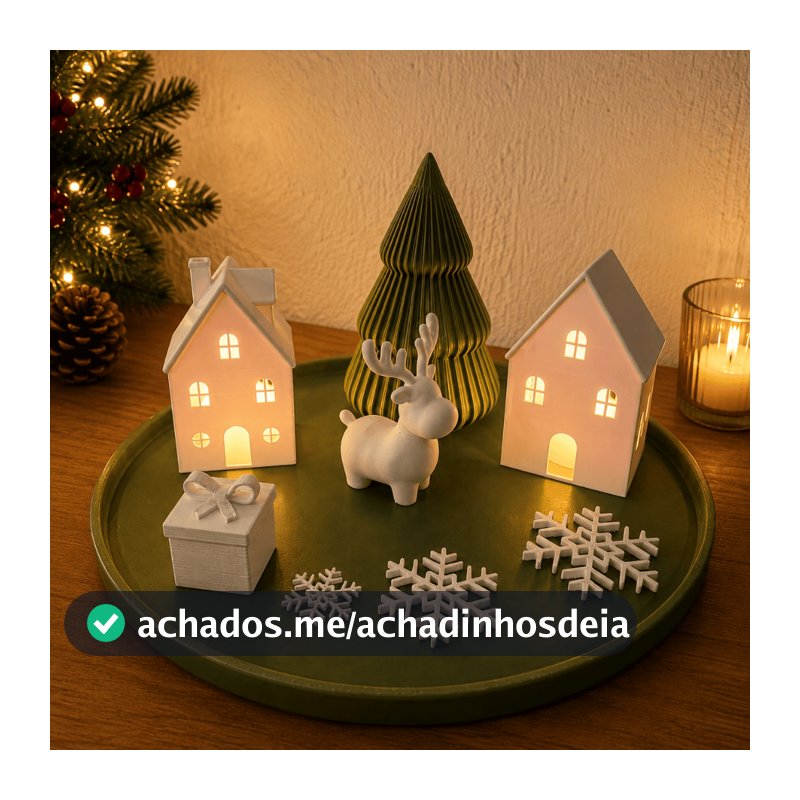 Kit Decoração Natalina com Casinhas Iluminadas, Árvore, Alce e Bandeja – Enfeite de Natal Branco e Verde Oliva