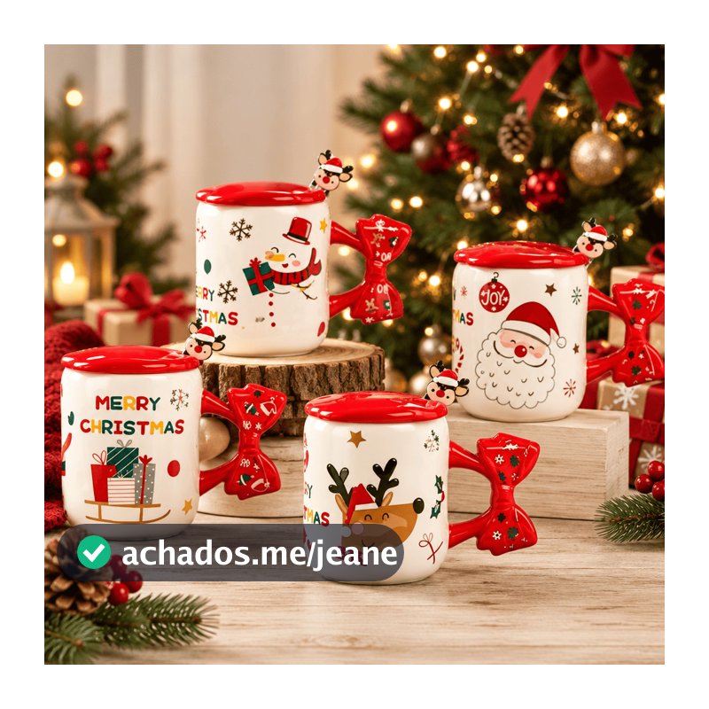 Conjunto de Xicara Natal 350ml Cerâmica Tampa e Mexedor
