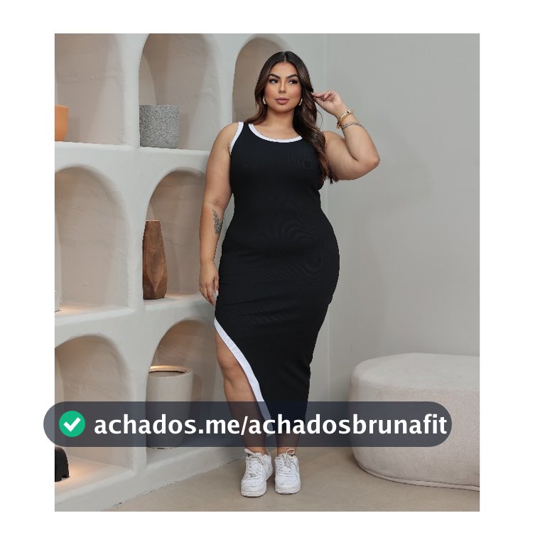 Vestido Feminino Plus Size Ribana Canelado Bicolor com Fenda Assimetrica