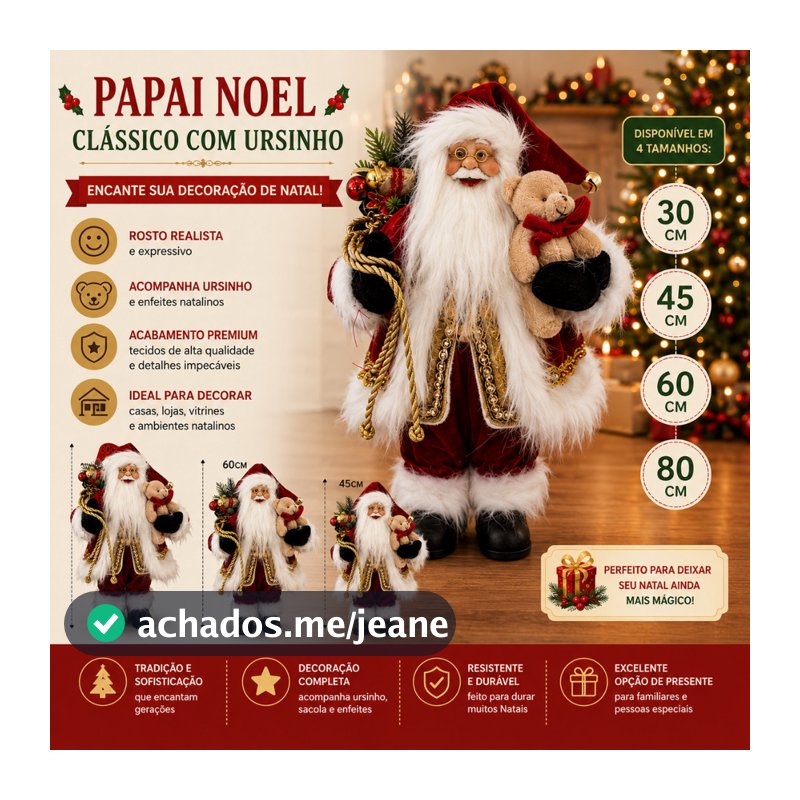 Papai Noel com Urso Natal Decoração Natalina Enfeite de Natal Presente