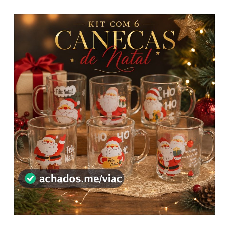Kit 6 Canecas de Vidro Natalinas 250ml Estampadas Feliz Natal Presente de Natal Decoração Papai Noel