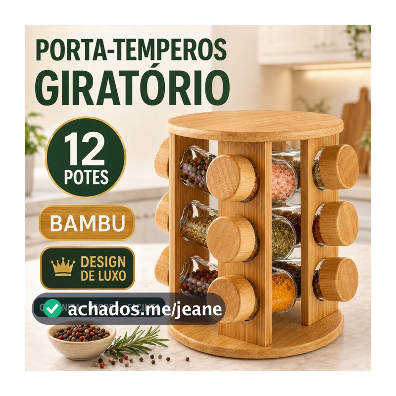 Porta Temperos Giratório 12 Potes de Vidro com Suporte em Bambu Organizador de Cozinha