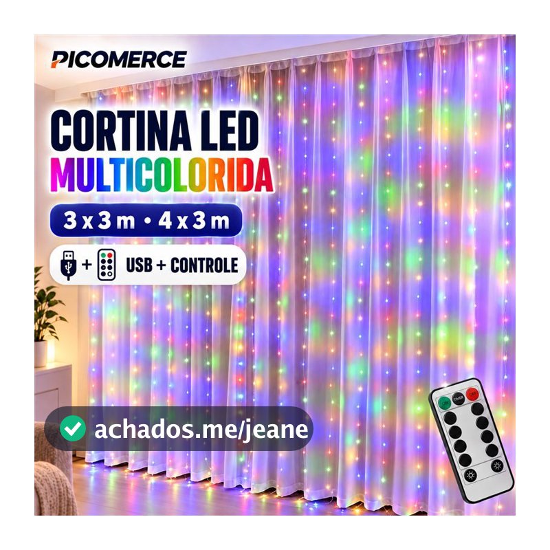 Cortina de Luz LED Multicolorida 3x3m ou 4x3m USB com Controle Remoto, 8 Modos para Festa e Decoração