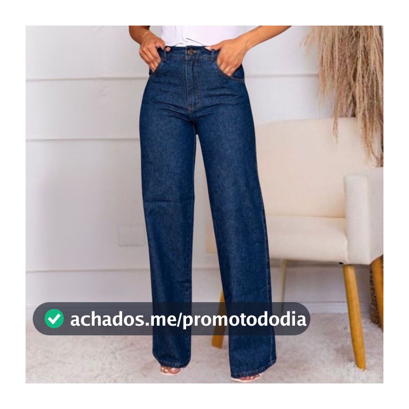 Calça Jeans Feminina Wide Leg Cintura Alta Pantalona Boca Larga Levanta Bumbum Escura 100% Algodão