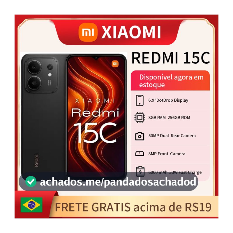 Celular Xiaomi Redmi 15C Dual SIM de 256GB 8GB RAM de 6.9" 50MP 8MP Bateria 6000mAh, Proteção IP64 Lançamento 2025