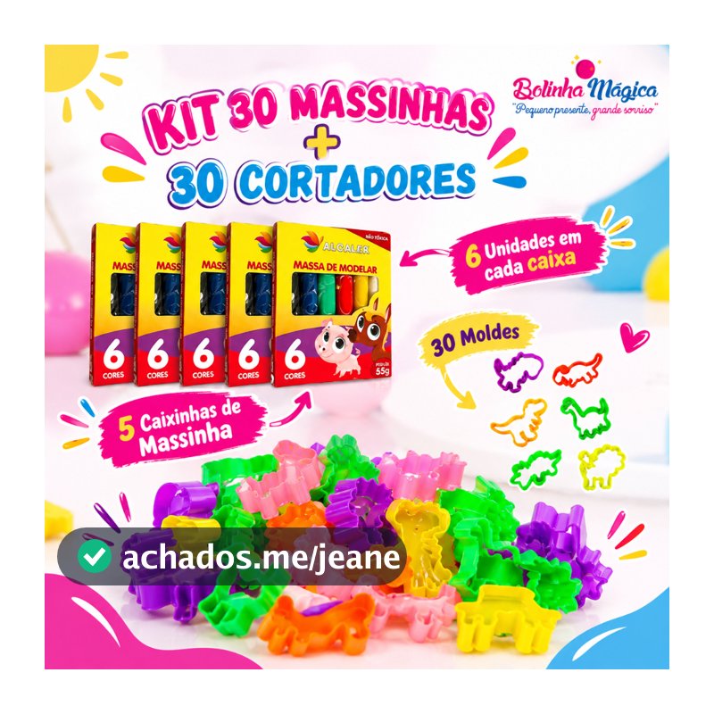 Kit 30 Unidades de Massinha de Modelar + 30 Cortador Forminha Molde Kit Festa Lembrancinha Criança