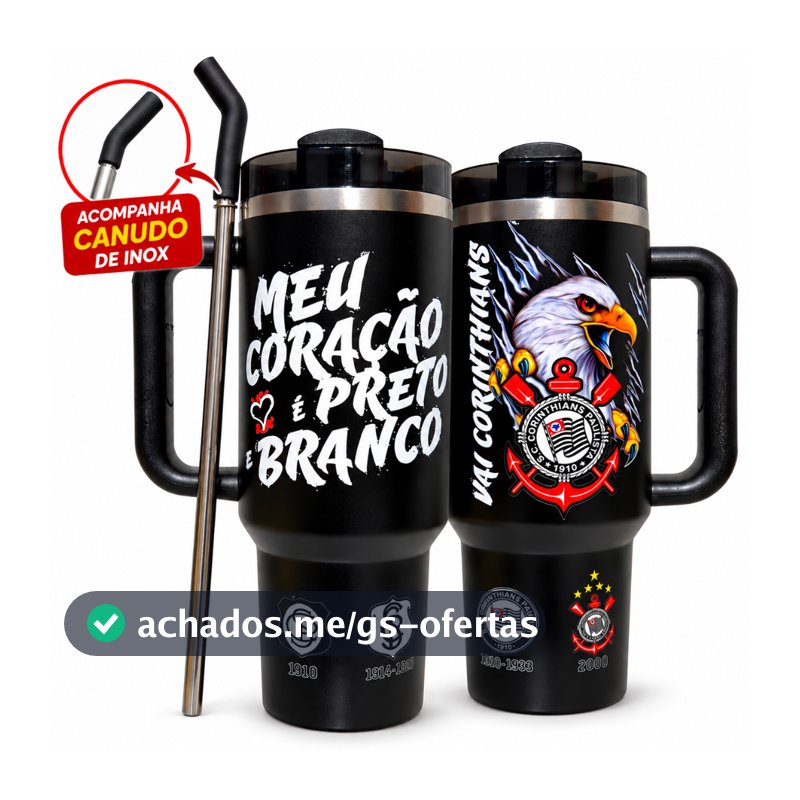 Garrafa Térmica de Água 1,2L Corinthians com Canudo e Alça | Garrafa Inox Térmica | Academia e Trabalho
