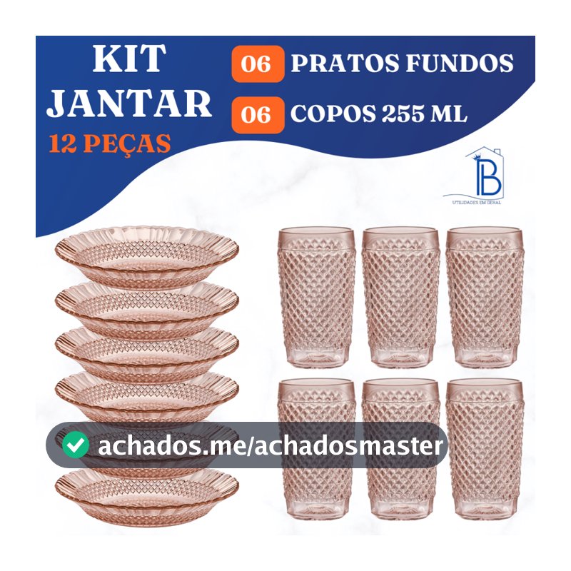 Jogo de Jantar - 6 Pratos Fundos de Vidro e 6 Copos de Vidro