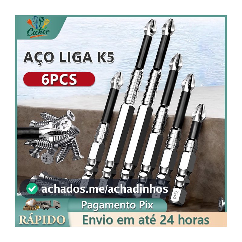 Kit 6 Ponta Bits Magnéticas K5 Ph2 Philips Alta Dureza e RImpactos Para Chaves Elétricas