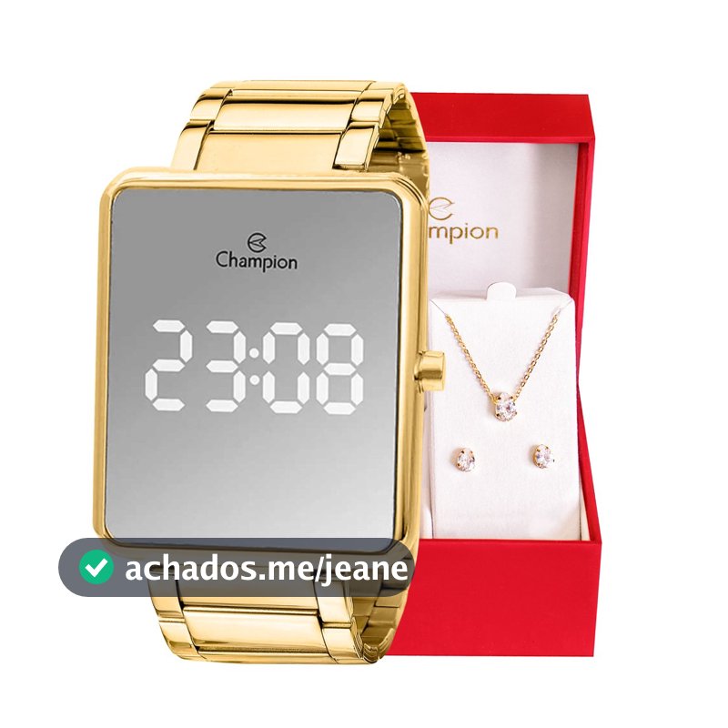 Relógio Feminino Digital Dourado Espelhado + Conjunto Colar e brincos  CH40086B Relógio Original