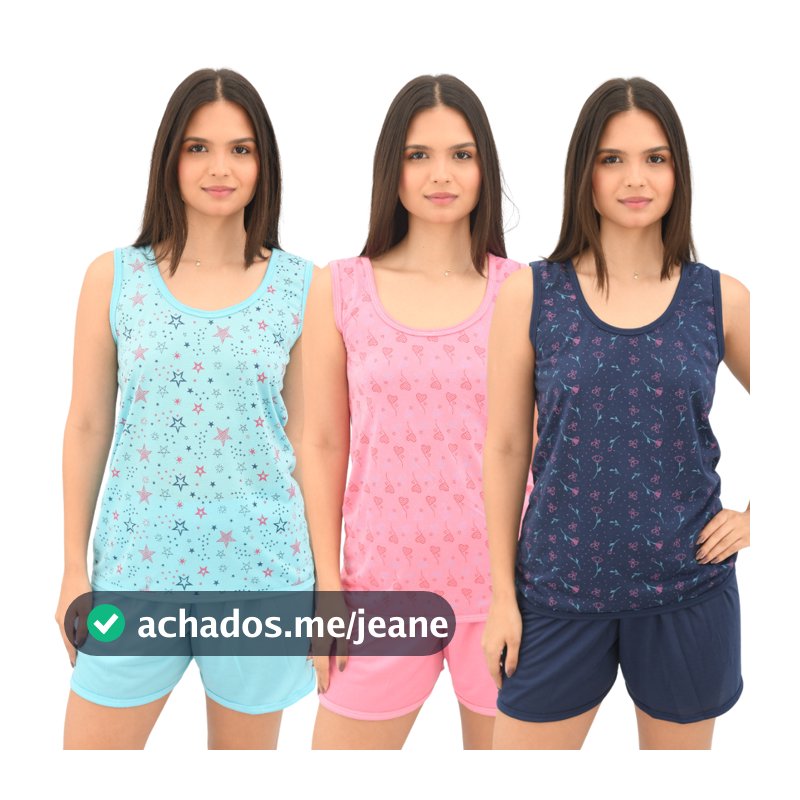 Pijama Babydoll Feminino  Regata Estampado com Short Liso em Malha Confortável