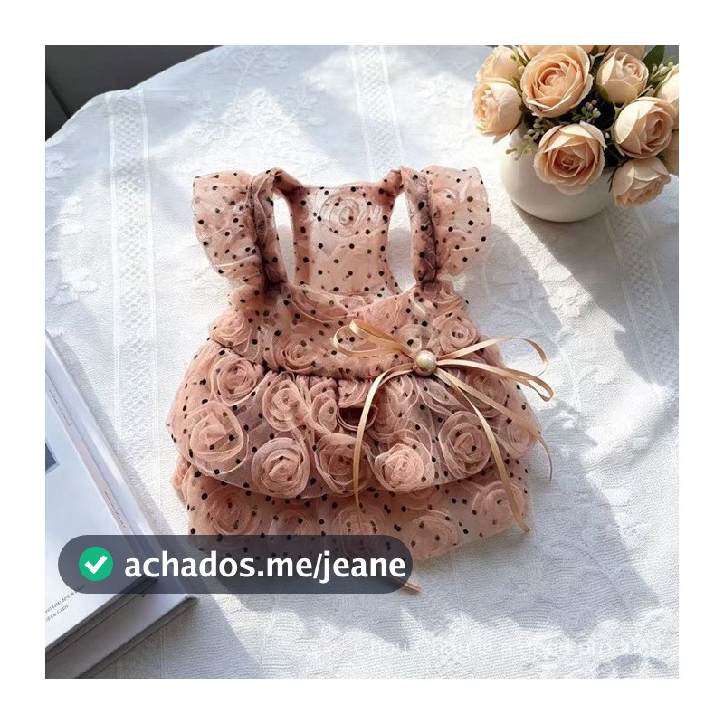 Vestido de Bolinhas com Mangas Bufantes para Pets, Vestido Fino para Cães e Gatos, Vestido de Malha Rosa para Pets