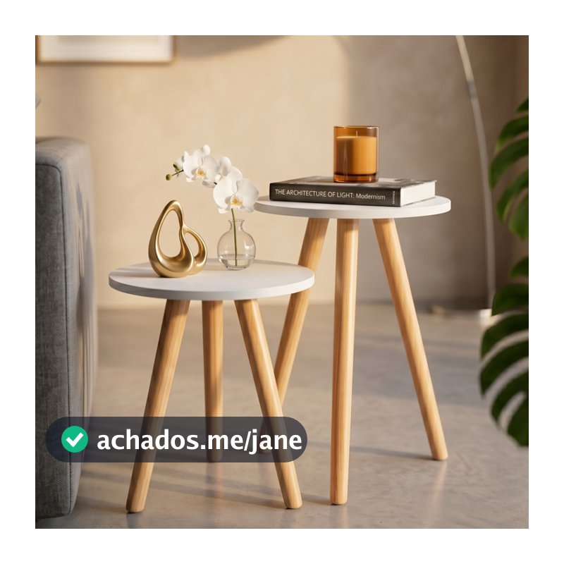 Conjunto de Mesinha Lateral Redonda Sala Pe Madeira Retro Sala Quarto