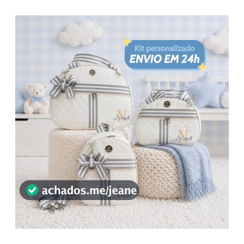 Bolsa maternidade personalizada de luxo 3 peças. Bolsa de bebê com inicial e nome. Dilô Kids
