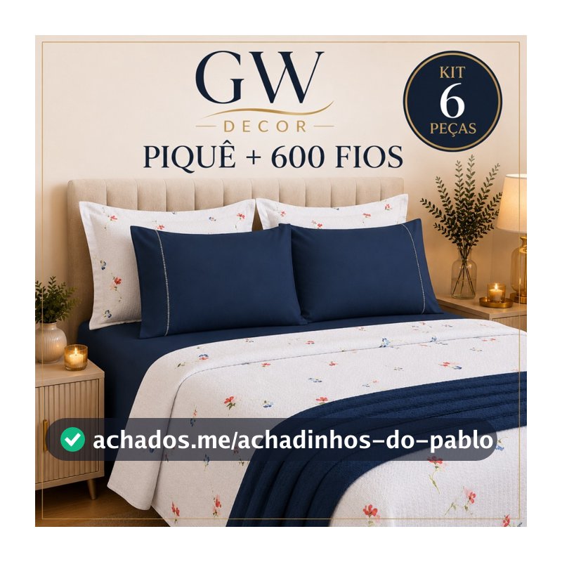 Kit 6 Peças Piquê + 600 Fios Jogo de Cama Macio e Sofisticado Casal Queen e King