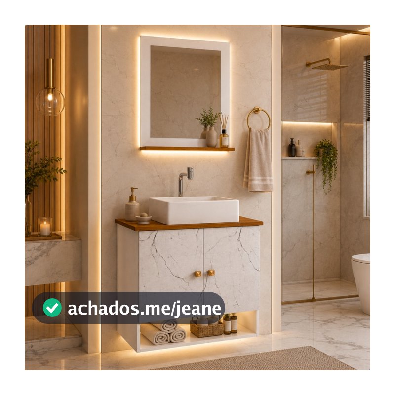 PROMOÇÃO Conjunto Gabinete Banheiro Completo Suspenso C ou S/ Cuba de Mármore 60cm Armário Espelho
