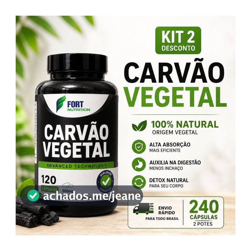 Carvão Vegetal Ativado 120 Cápsulas Auxilia na Digestão Gases Bem-Estar Intestinal Redução de Gases