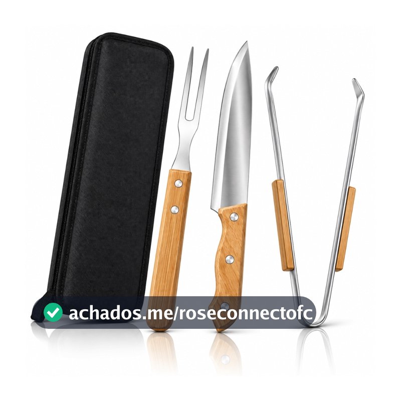 Kit Churrasco 4 Peças Aço Inox Faca Garfo Pegador Resistente + Estojo Portátil Para Churrasqueira