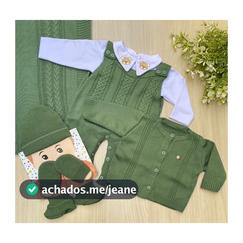 Saída de maternidade verde pistache urso tricot 7 peças completa