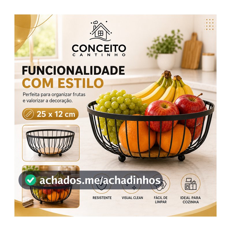 Fruteira de Mesa ou Bancada Rustica de Ferro e Bambu para Café da Manhã de Metal Preto Multiuso
