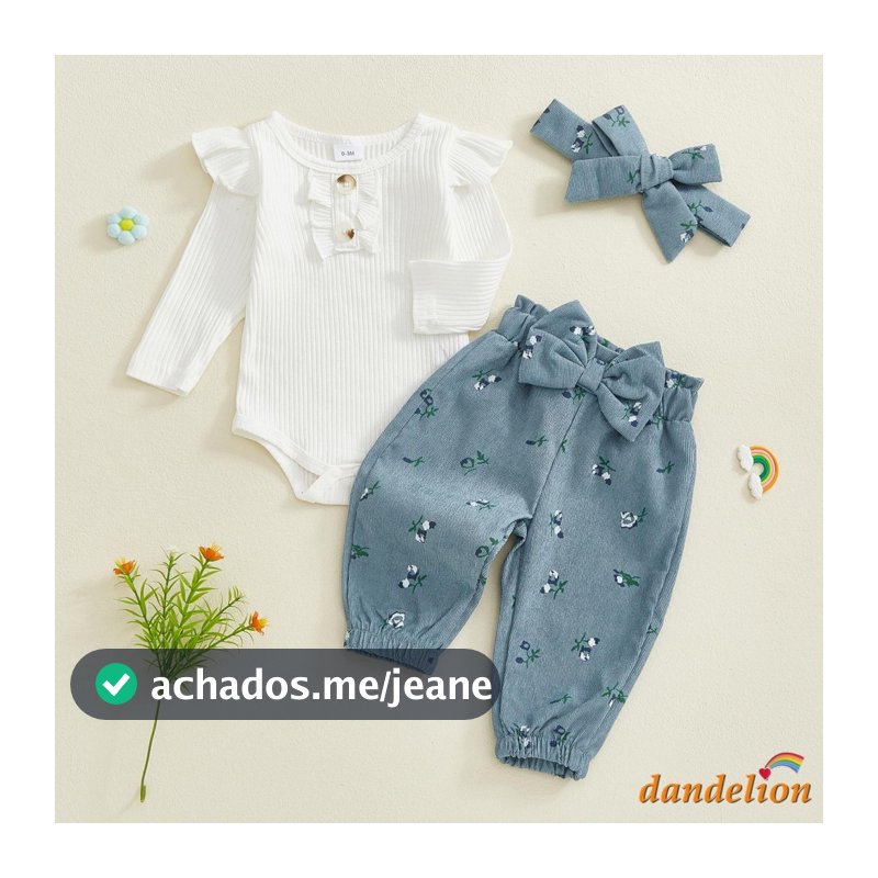 Conjunto De Roupas De Outono Para Bebês Meninas , Macacão De Manga Comprida Com Calças Florais E Faixa De Cabeça