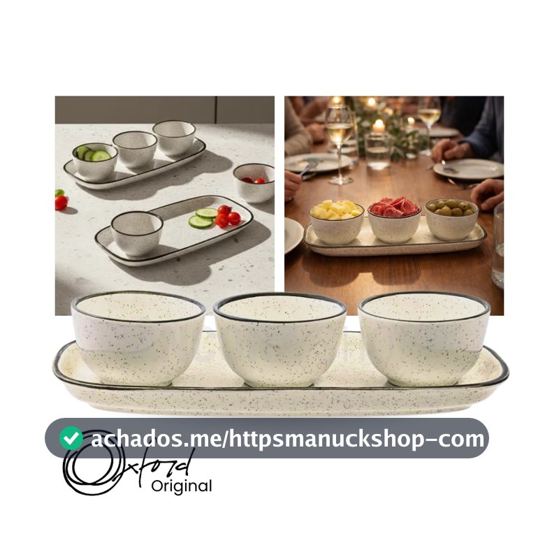 Jogo de Petisqueira 3 Bowls com Bandeja em Cerâmica Retangular Para Servir Domus Brisa Oxford