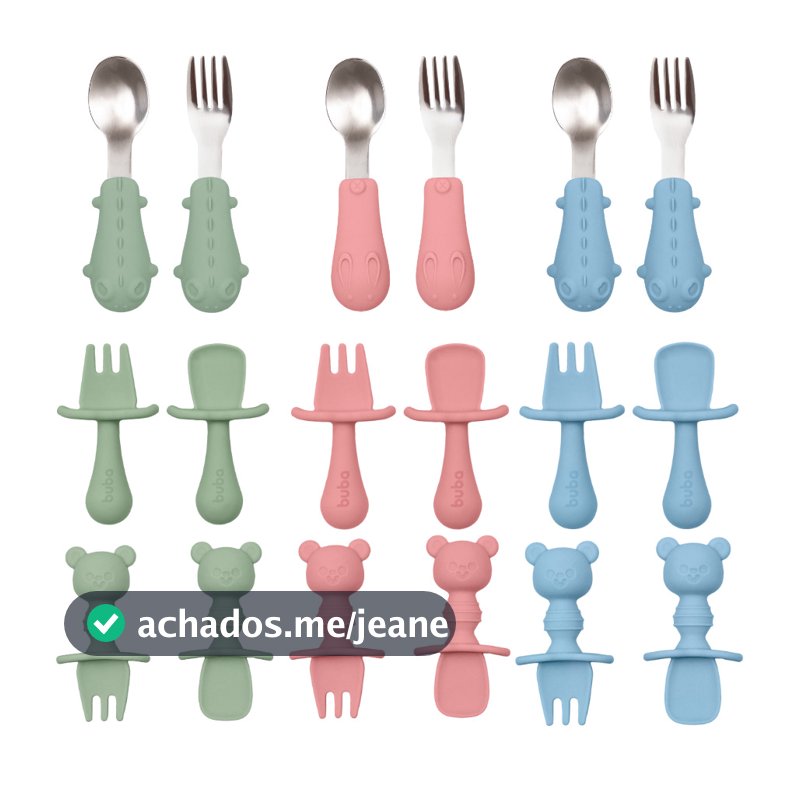 Kit Talheres Buba Aço Inoxidável e Silicone Infantil Colher Garfo Refeição Introdução Alimentar Bebê